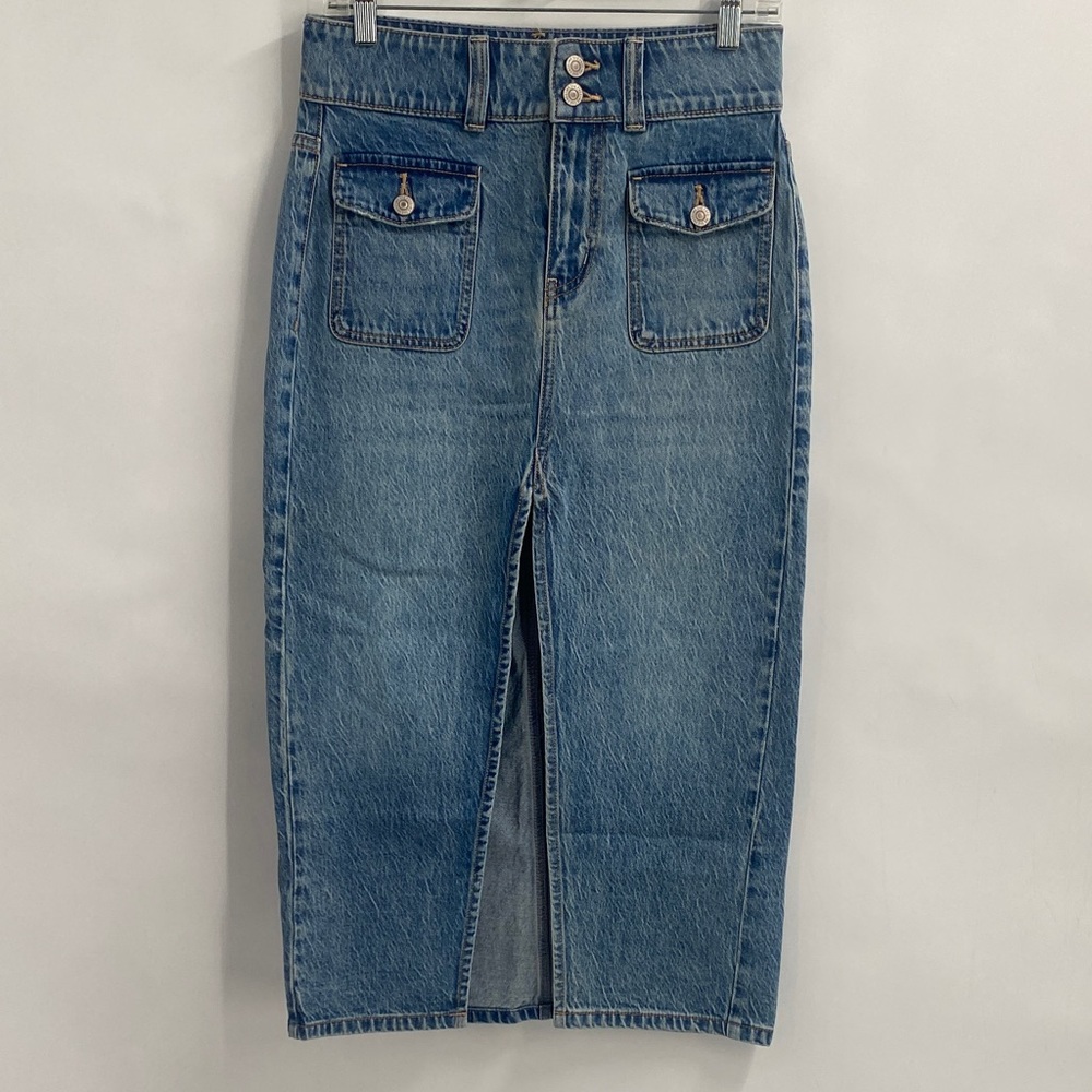 Free People We The Free Madison Blue Denim Midi Skirt Front Slit Casual Size 25 - Picture 2 of 9